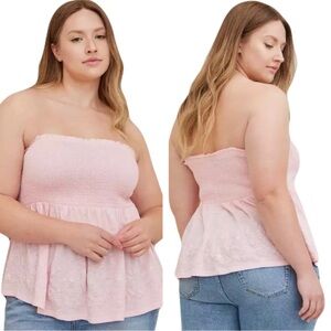 NEW‎ TORRID Strapless Smocked Bodice Babydoll Embroidered Top Pink Sz 3X 22-24